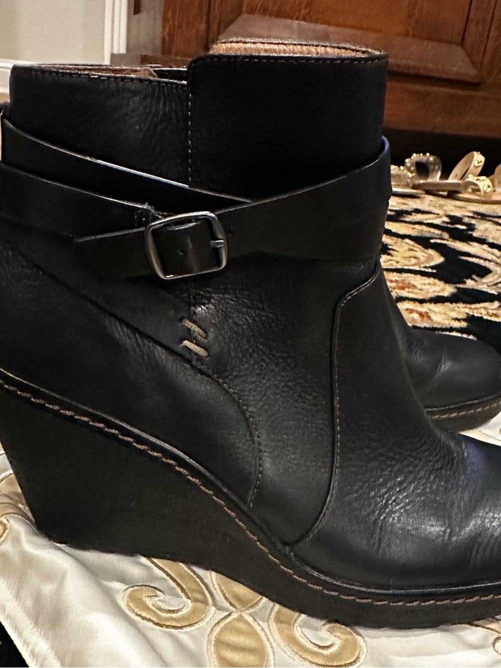 Sofft Black Leather Wedge Ankle Booties with Wrap Strap